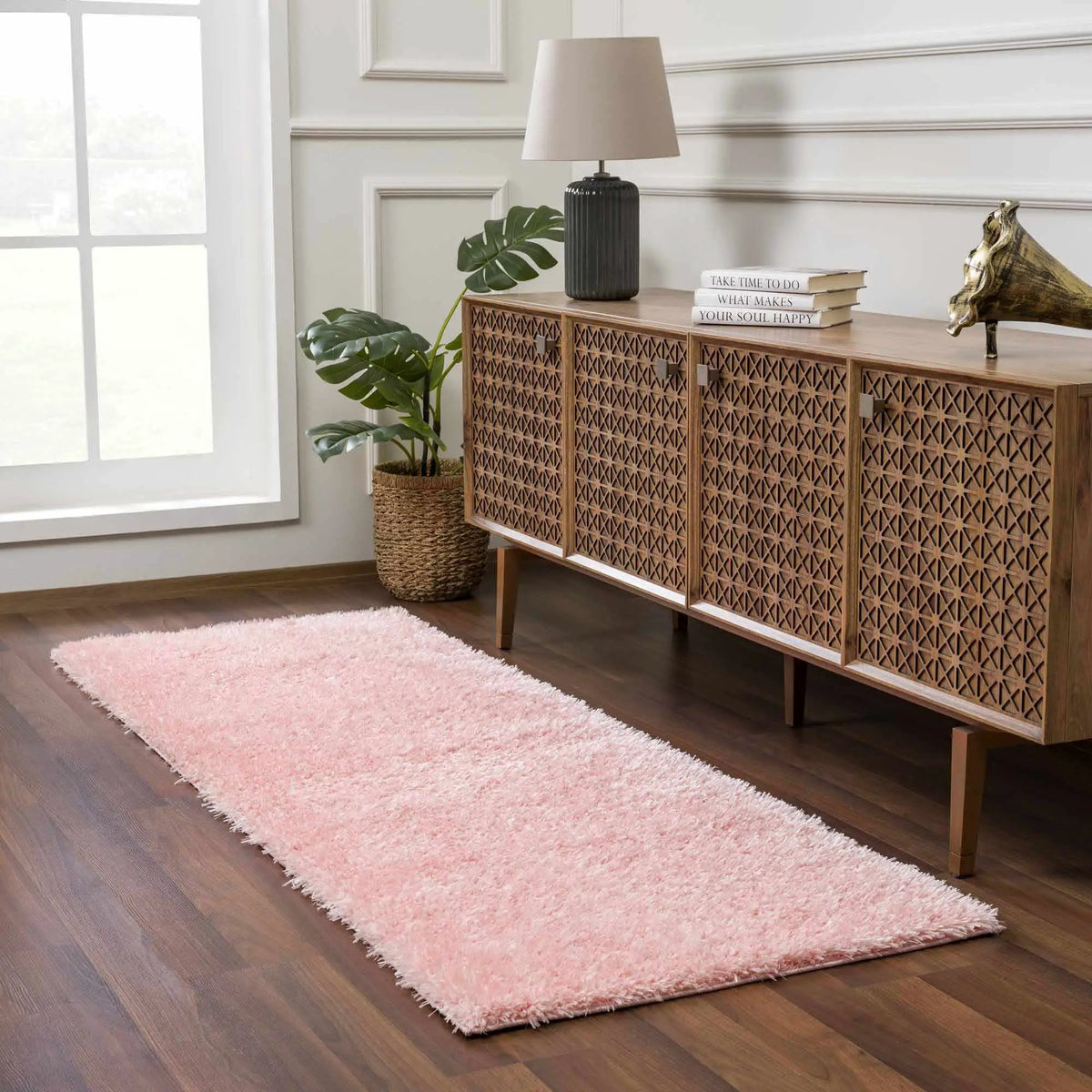 Faina Solid Pink Shag Washable Area Rug - Clearance, installed in a room 2