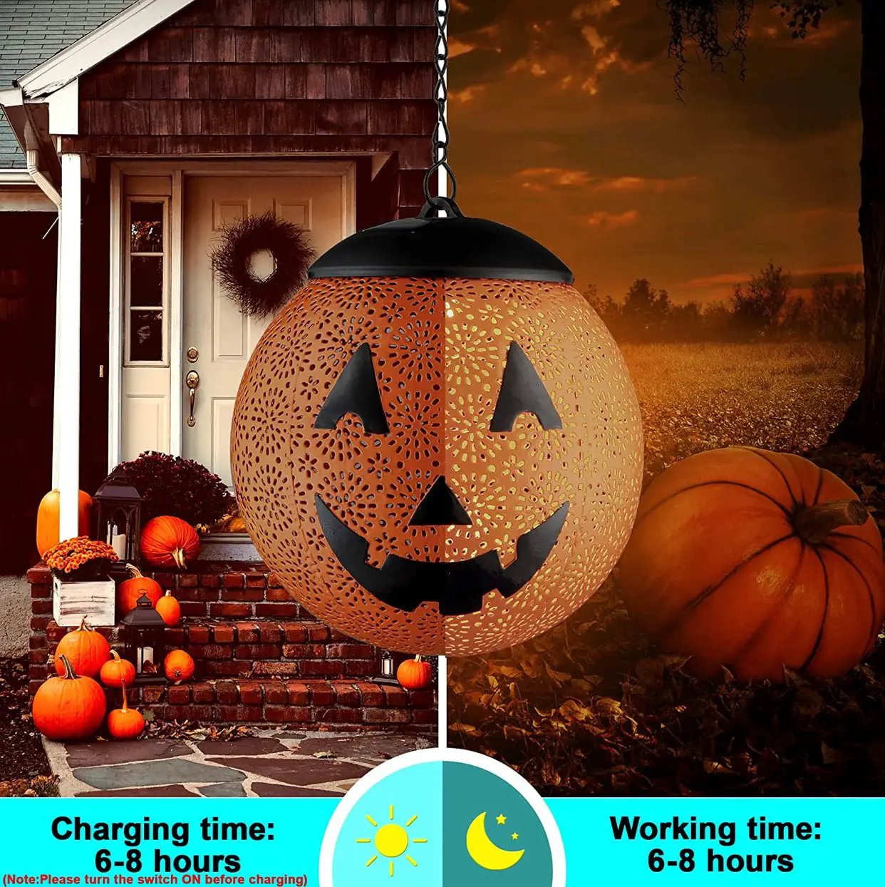 Halloween Solar Hanging Lights Outdoor - Garden Solar Metal Lantern Decor, Solar Powered Led Waterproof Decorative Round by Outdoor Solar Outlet
