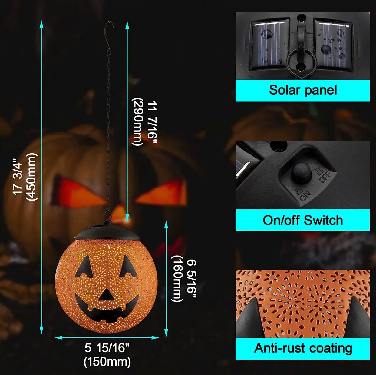Halloween Solar Hanging Lights Outdoor - Garden Solar Metal Lantern Decor, Solar Powered Led Waterproof Decorative Round by Outdoor Solar Outlet