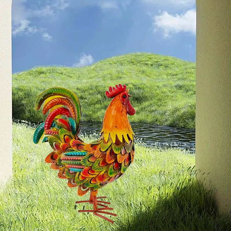 Handcrafted Colorful Metal Rooster Garden Statue by House Of Avana