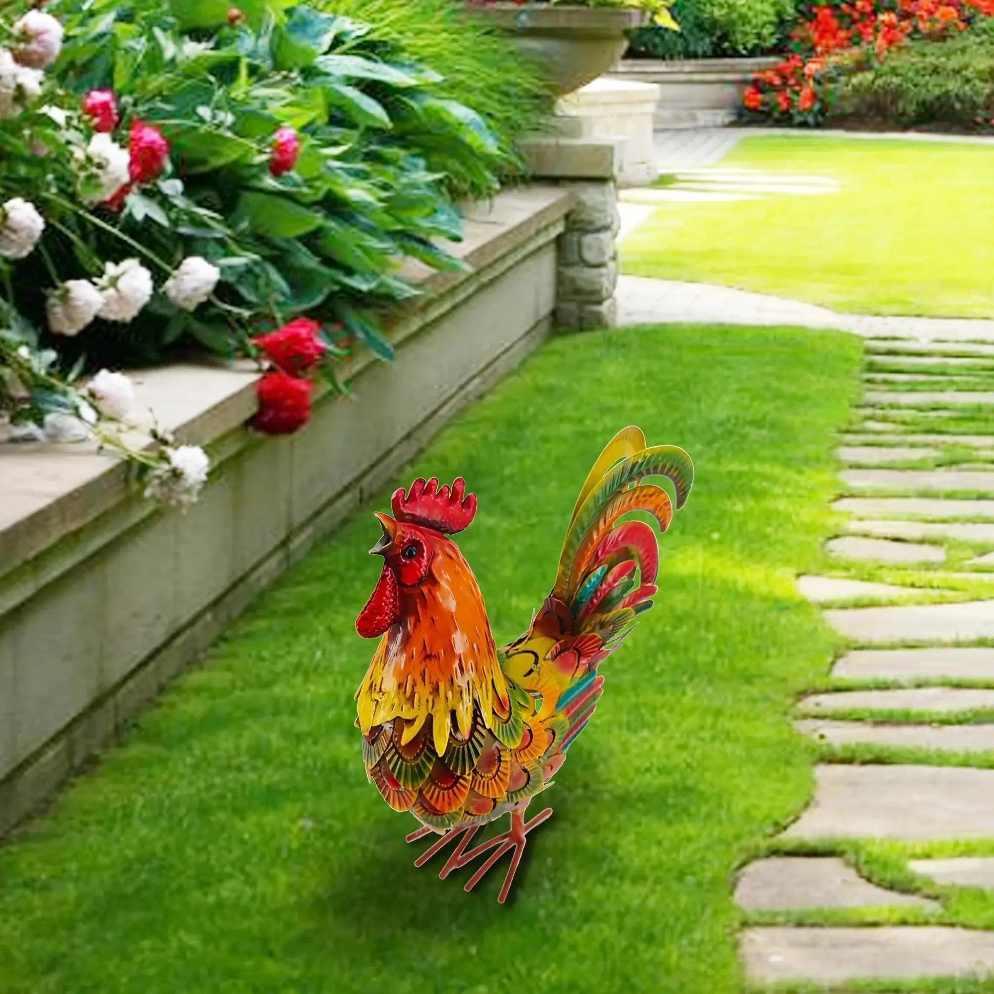 Handcrafted Colorful Metal Rooster Garden Statue by House Of Avana