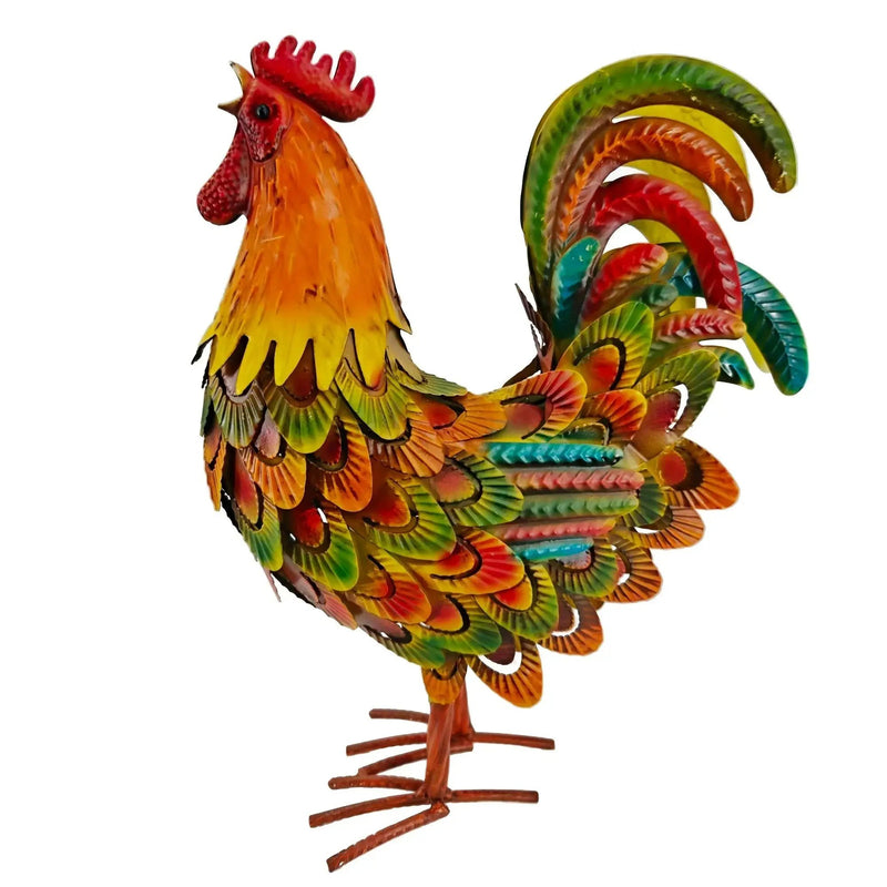 Handcrafted Colorful Metal Rooster Garden Statue by House Of Avana