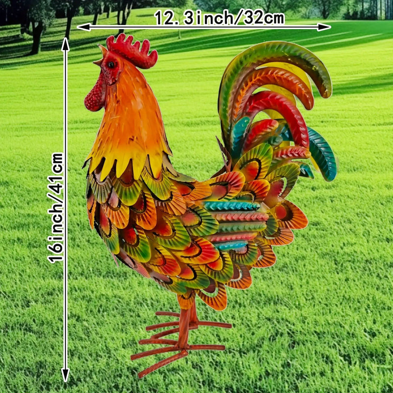 Handcrafted Colorful Metal Rooster Garden Statue by House Of Avana