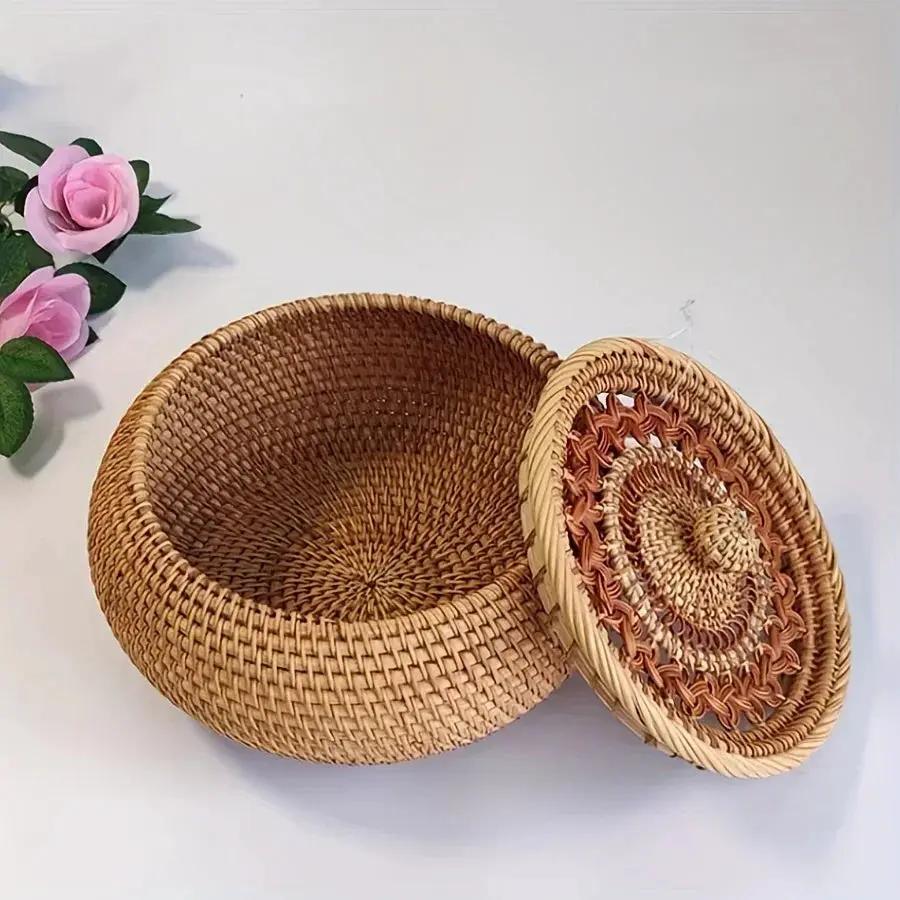 Handcrafted Rattan Storage Basket with Lid - Versatile Container for Tea, Snacks, Dried Fruits, Sweets, And Dim Sum - Natural Decorative Organizer for Coffee Table, Shelf Baskets by House Of Avana