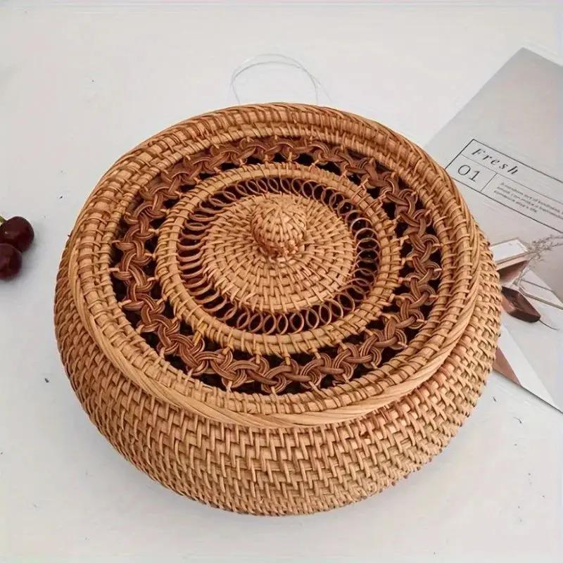 Handcrafted Rattan Storage Basket with Lid - Versatile Container for Tea, Snacks, Dried Fruits, Sweets, And Dim Sum - Natural Decorative Organizer for Coffee Table, Shelf Baskets by House Of Avana