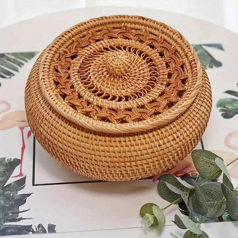Handcrafted Rattan Storage Basket with Lid - Versatile Container for Tea, Snacks, Dried Fruits, Sweets, And Dim Sum - Natural Decorative Organizer for Coffee Table, Shelf Baskets by House Of Avana