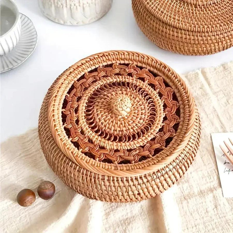 Handcrafted Rattan Storage Basket with Lid - Versatile Container for Tea, Snacks, Dried Fruits, Sweets, And Dim Sum - Natural Decorative Organizer for Coffee Table, Shelf Baskets by House Of Avana