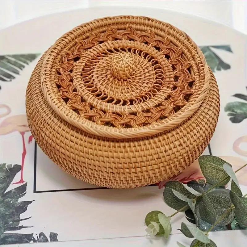 Handcrafted Rattan Storage Basket with Lid - Versatile Container for Tea, Snacks, Dried Fruits, Sweets, And Dim Sum - Natural Decorative Organizer for Coffee Table, Shelf Baskets by House Of Avana