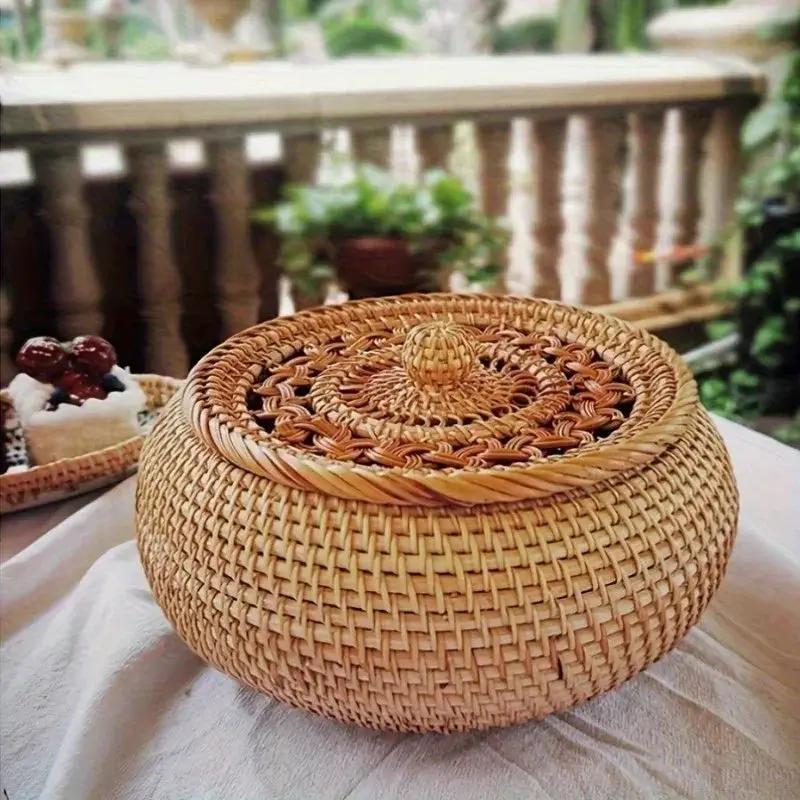 Handcrafted Rattan Storage Basket with Lid - Versatile Container for Tea, Snacks, Dried Fruits, Sweets, And Dim Sum - Natural Decorative Organizer for Coffee Table, Shelf Baskets by House Of Avana