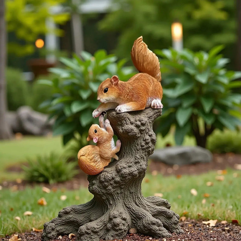 Handcrafted Realistic Mother and Baby Squirrel Climbing Garden Statue by House Of Avana