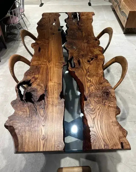 Live Edge, Epoxy Resin River Dining Room Table Made Of Chestnut Wood, photo 8 of 11