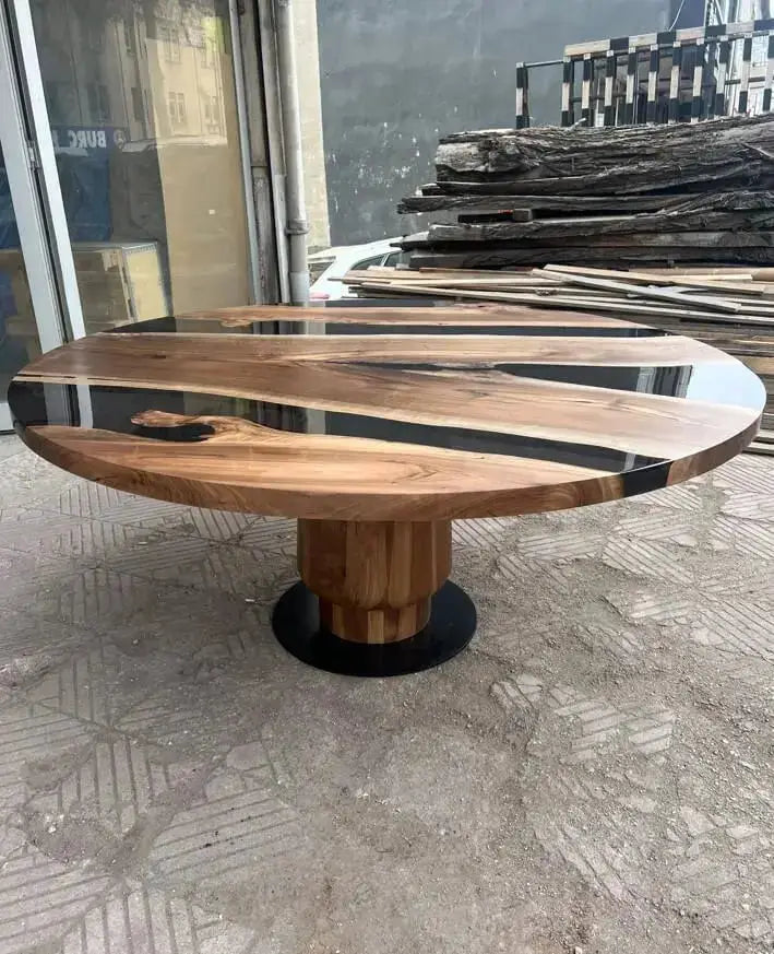 Round Epoxy Resin Table with Wooden Tulip Base Made of Walnut, photo 4 of 10