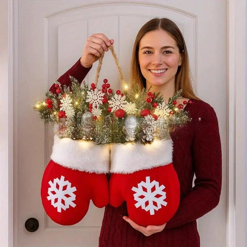 Handmade Mitten Wreath - Red Faux Fur Trim with Golden Accents & Snowflake Design by House Of Avana