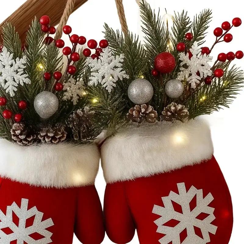 Handmade Mitten Wreath - Red Faux Fur Trim with Golden Accents & Snowflake Design by House Of Avana