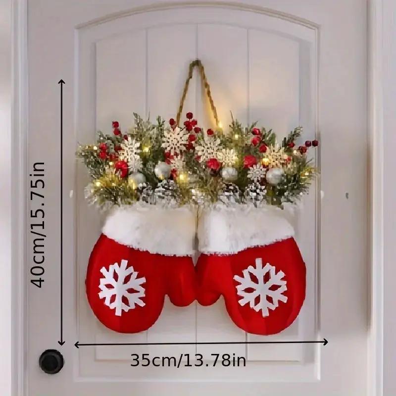 Handmade Mitten Wreath - Red Faux Fur Trim with Golden Accents & Snowflake Design by House Of Avana
