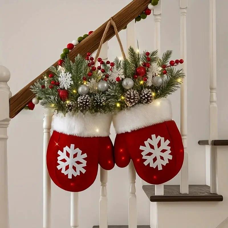 Handmade Mitten Wreath - Red Faux Fur Trim with Golden Accents & Snowflake Design by House Of Avana