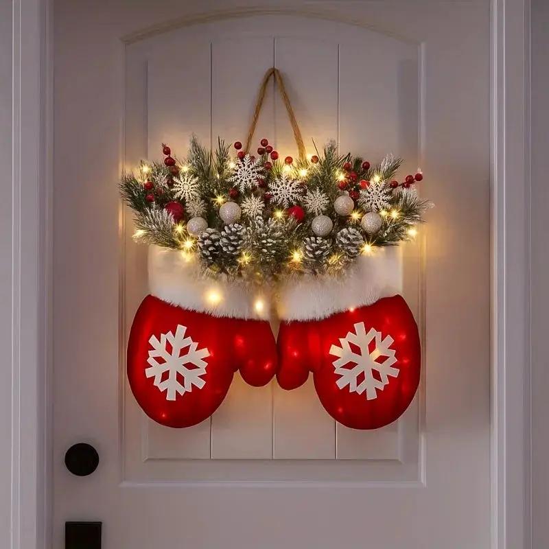 Handmade Mitten Wreath - Red Faux Fur Trim with Golden Accents & Snowflake Design by House Of Avana