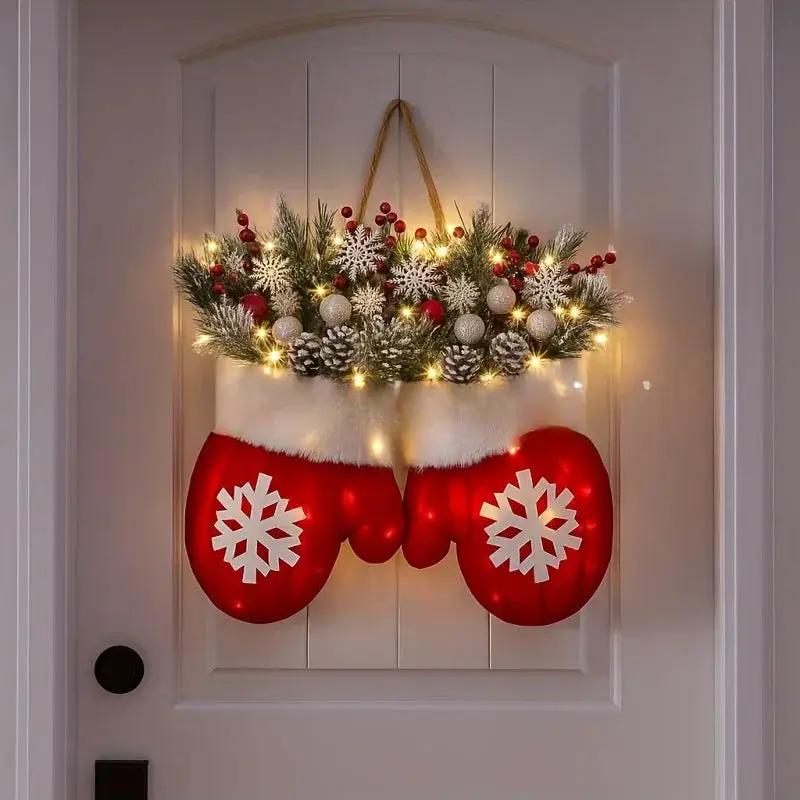 Handmade Mitten Wreath - Red Faux Fur Trim with Golden Accents & Snowflake Design by House Of Avana