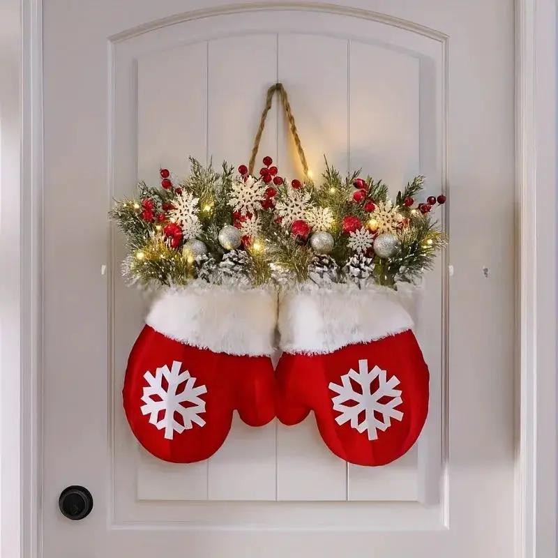 Handmade Mitten Wreath - Red Faux Fur Trim with Golden Accents & Snowflake Design by House Of Avana
