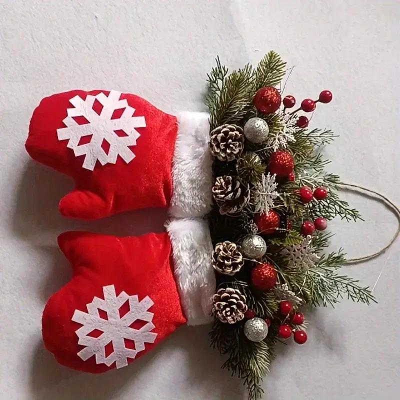 Handmade Mitten Wreath - Red Faux Fur Trim with Golden Accents & Snowflake Design by House Of Avana
