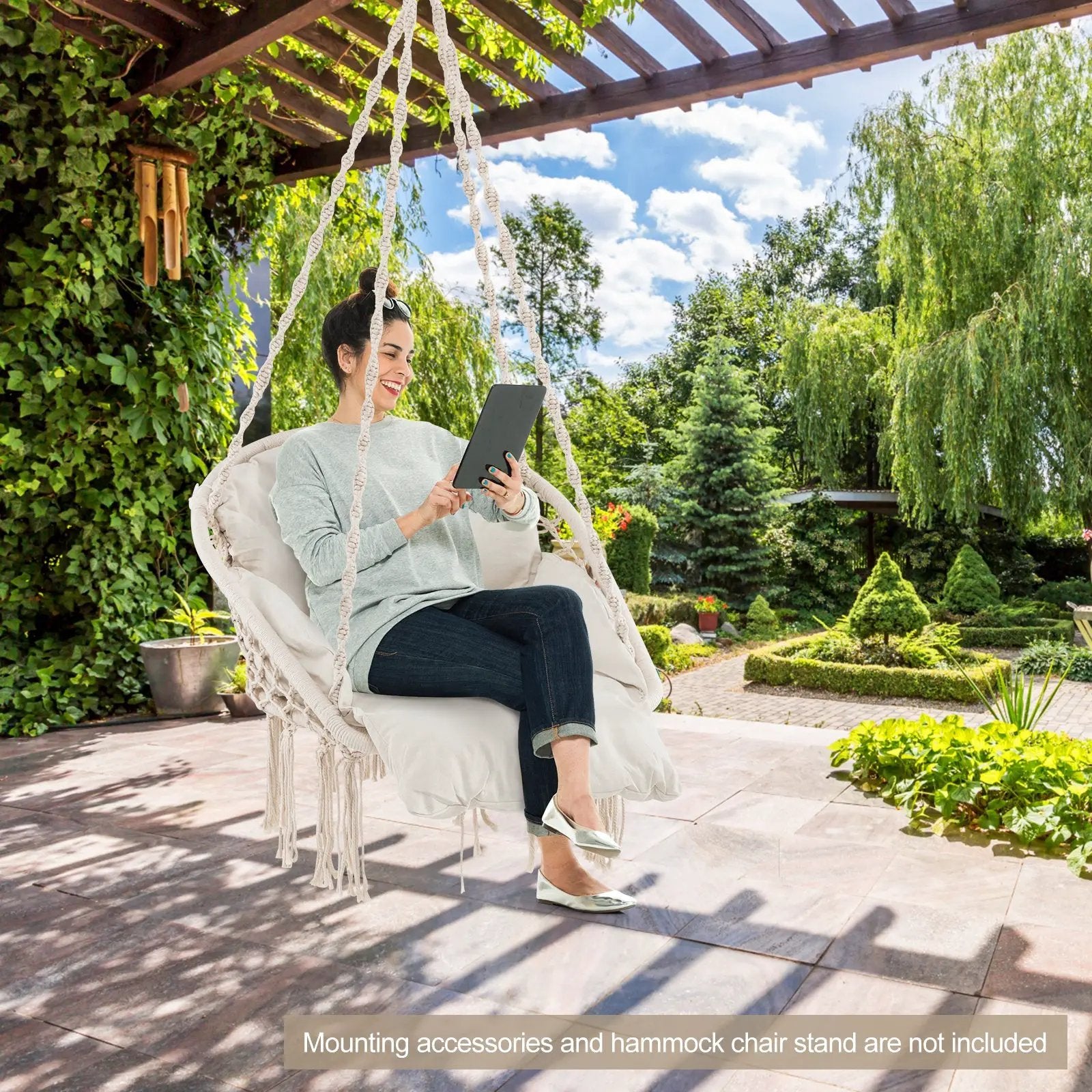 Hammock Chair with Thick Cushion & Macrame Holds up to 330 LBS-Beige by DirectDeals