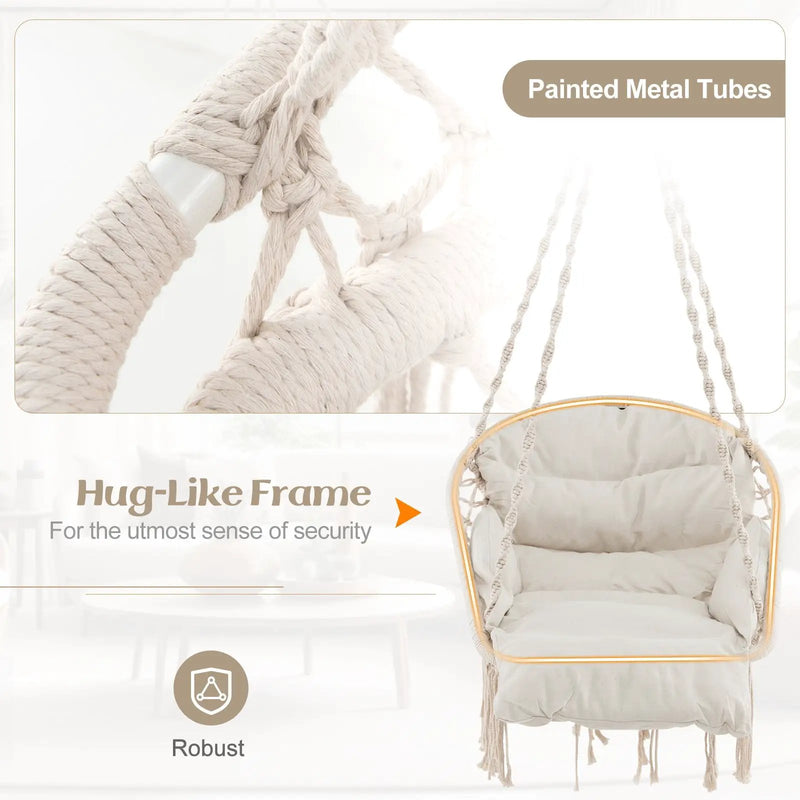 Hammock Chair with Thick Cushion & Macrame Holds up to 330 LBS-Beige by DirectDeals