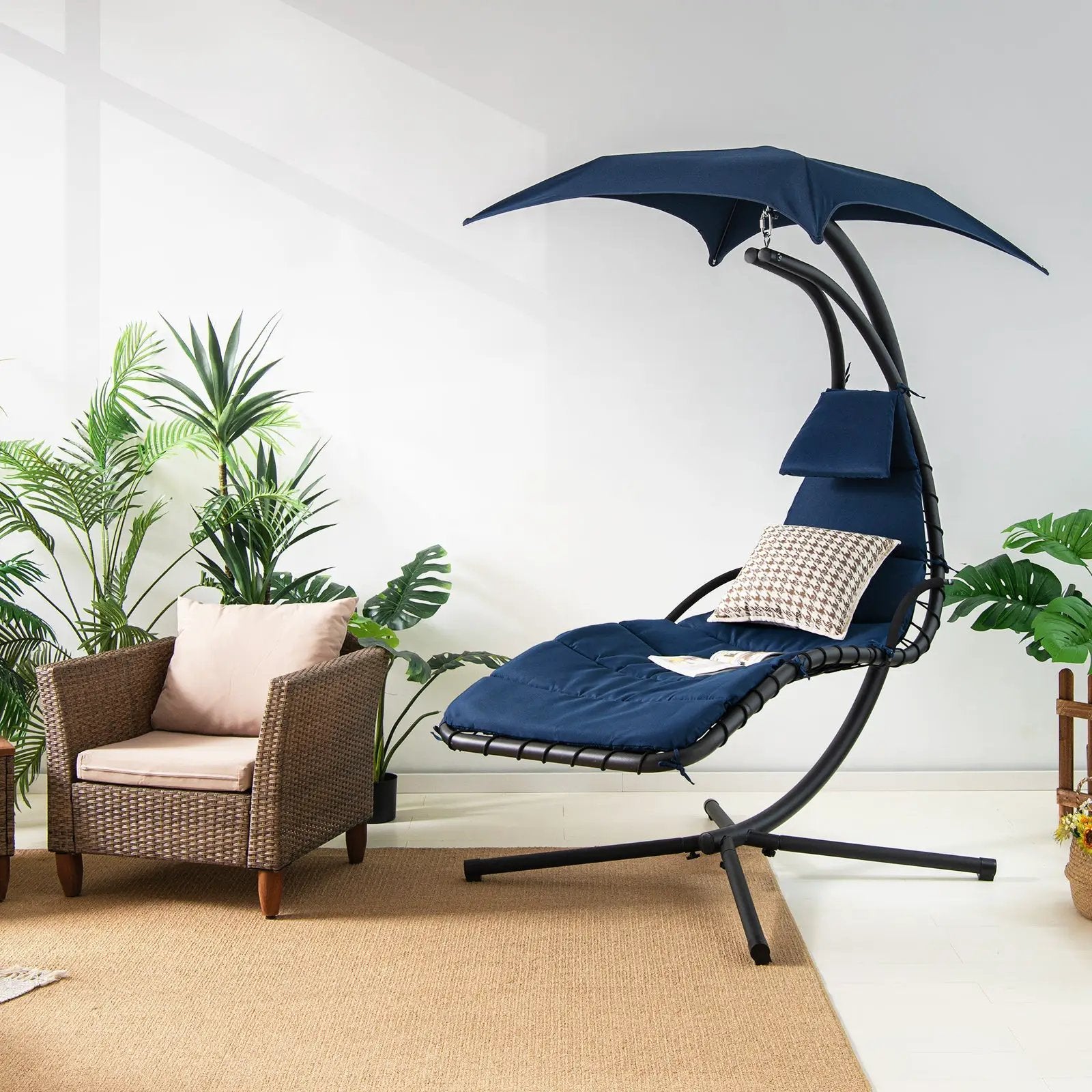 Hanging Curved Steel Swing Chaise Lounger with Removable Canopy by DirectDeals