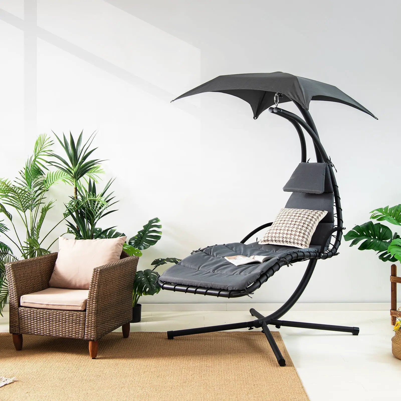 Hanging Curved Steel Swing Chaise Lounger with Removable Canopy by DirectDeals