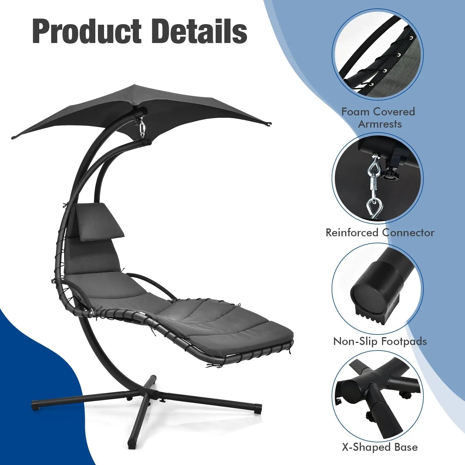 Hanging Curved Steel Swing Chaise Lounger with Removable Canopy by DirectDeals