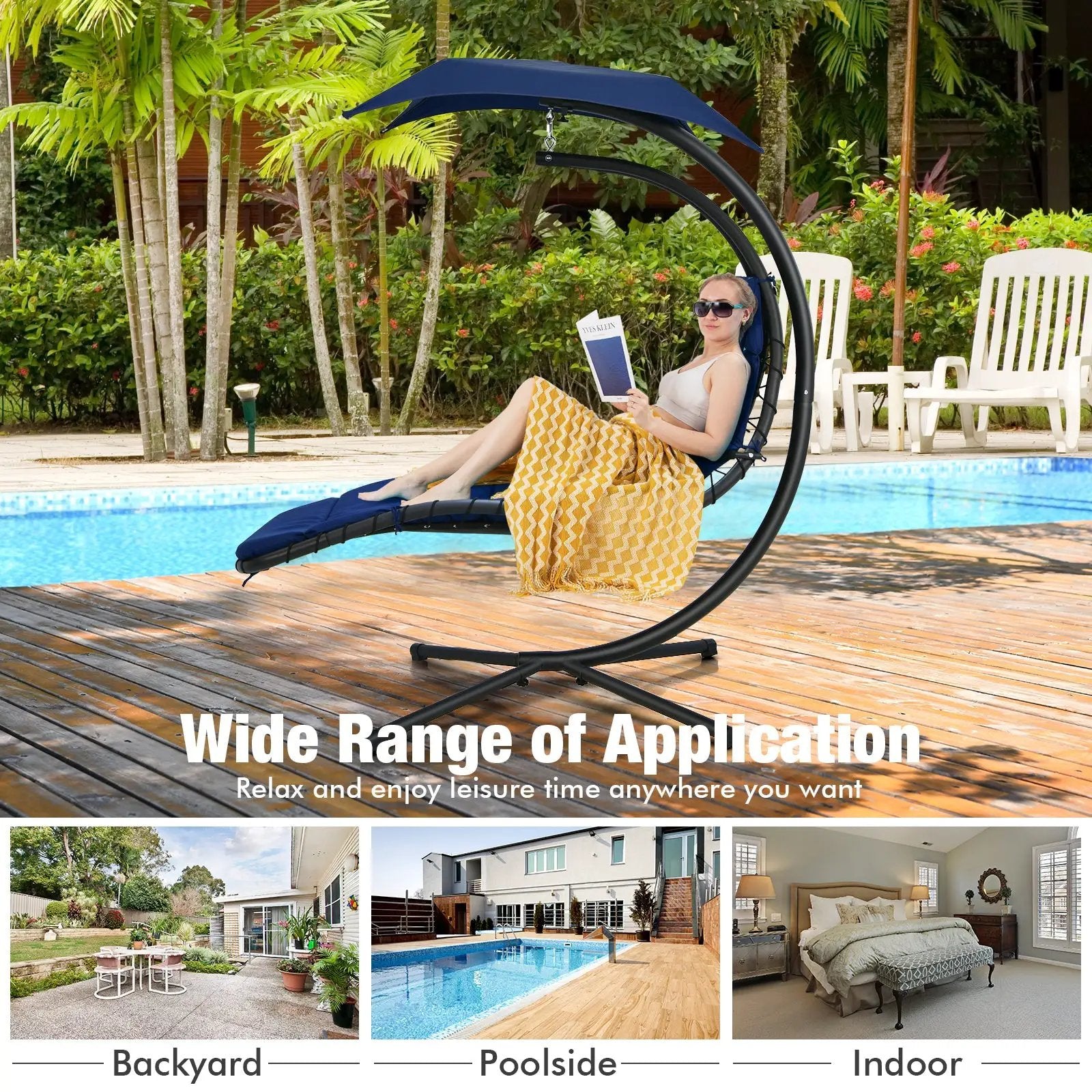 Hanging Curved Steel Swing Chaise Lounger with Removable Canopy by DirectDeals
