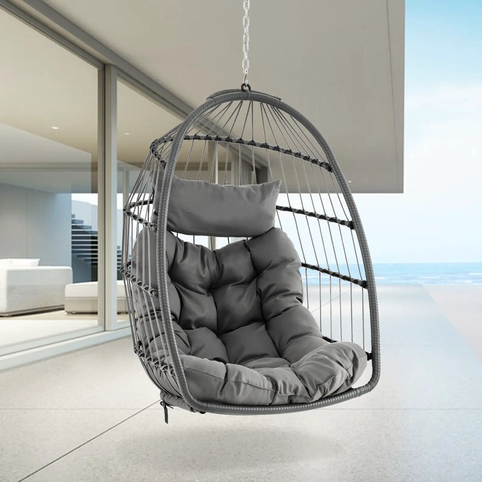 Hanging Egg Chair with Head Pillow and Large Seat Cushion-Gray by DirectDeals
