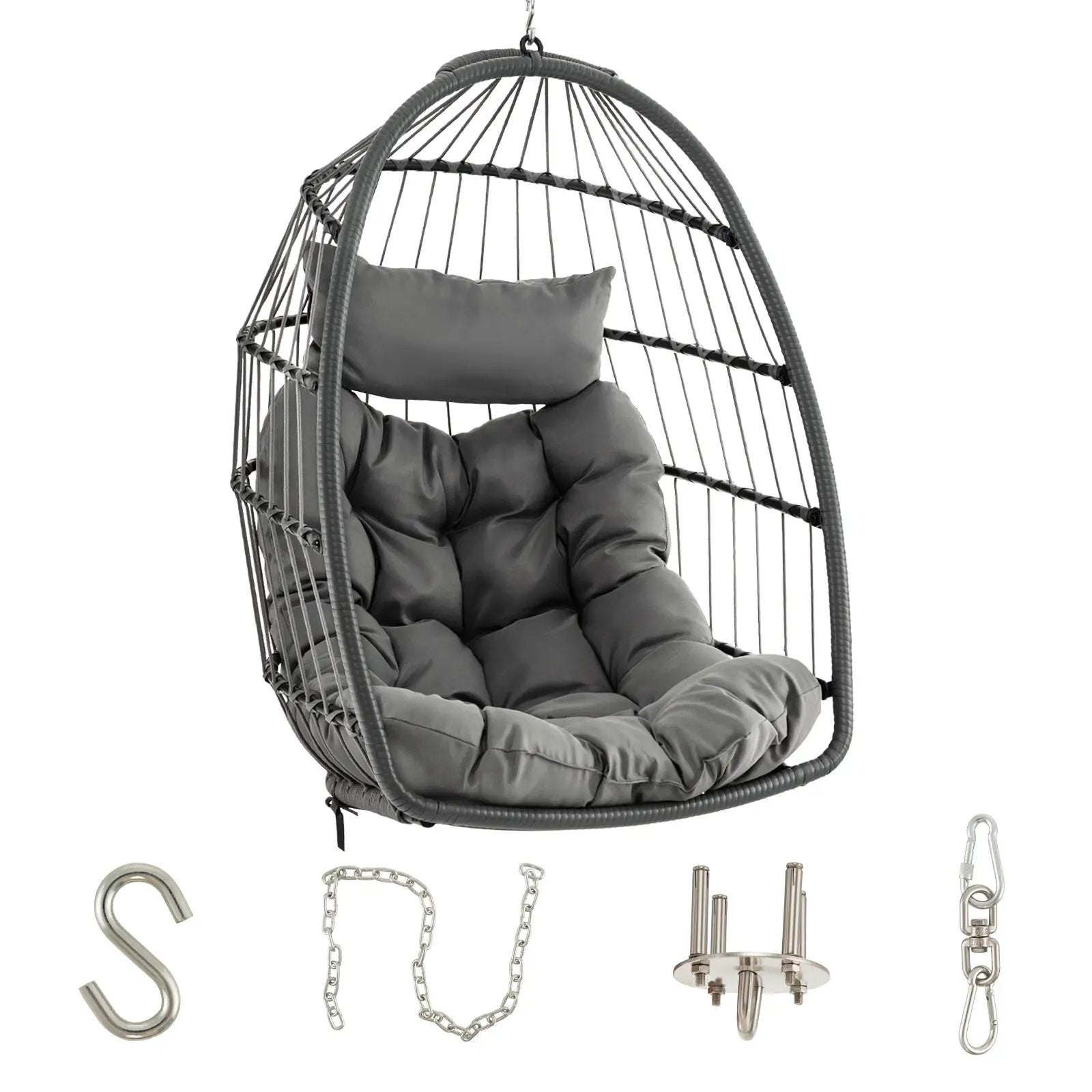 Hanging Egg Chair with Head Pillow and Large Seat Cushion-Gray by DirectDeals
