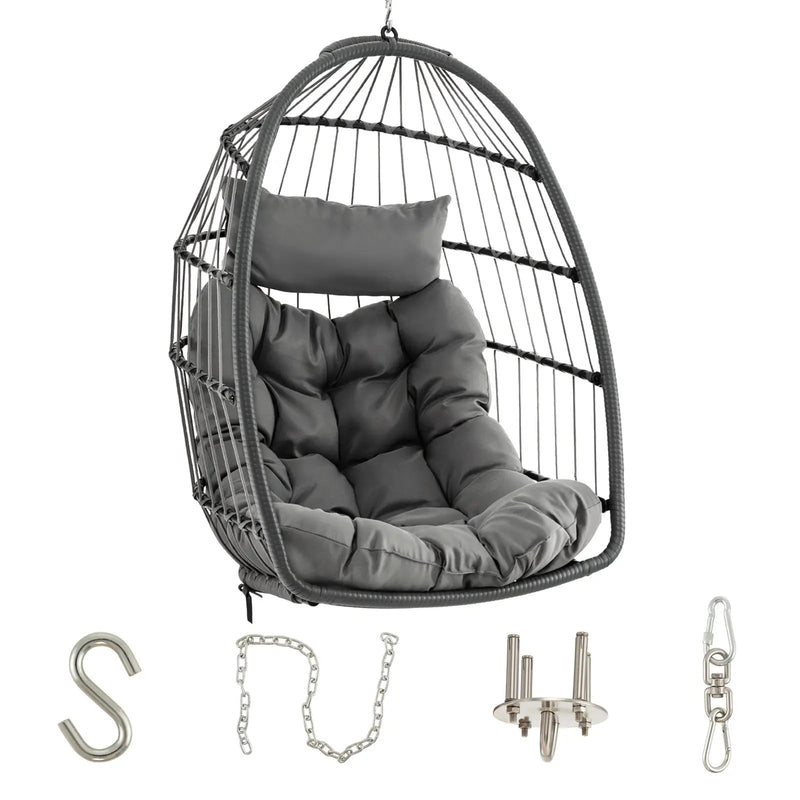 Hanging Egg Chair with Head Pillow and Large Seat Cushion-Gray by DirectDeals