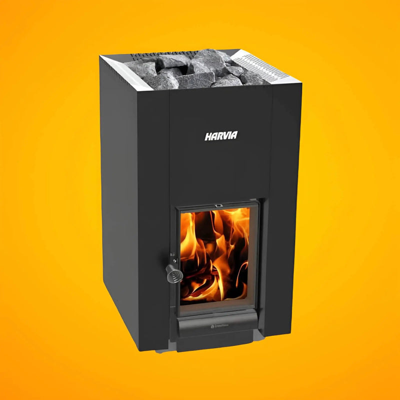 Harvia GreenFlame 22 Linear 15.7KW Wood Sauna Stove With Sauna Stones [WKLI22GM] (SAK62094) by SAKSBY WHOLESALE