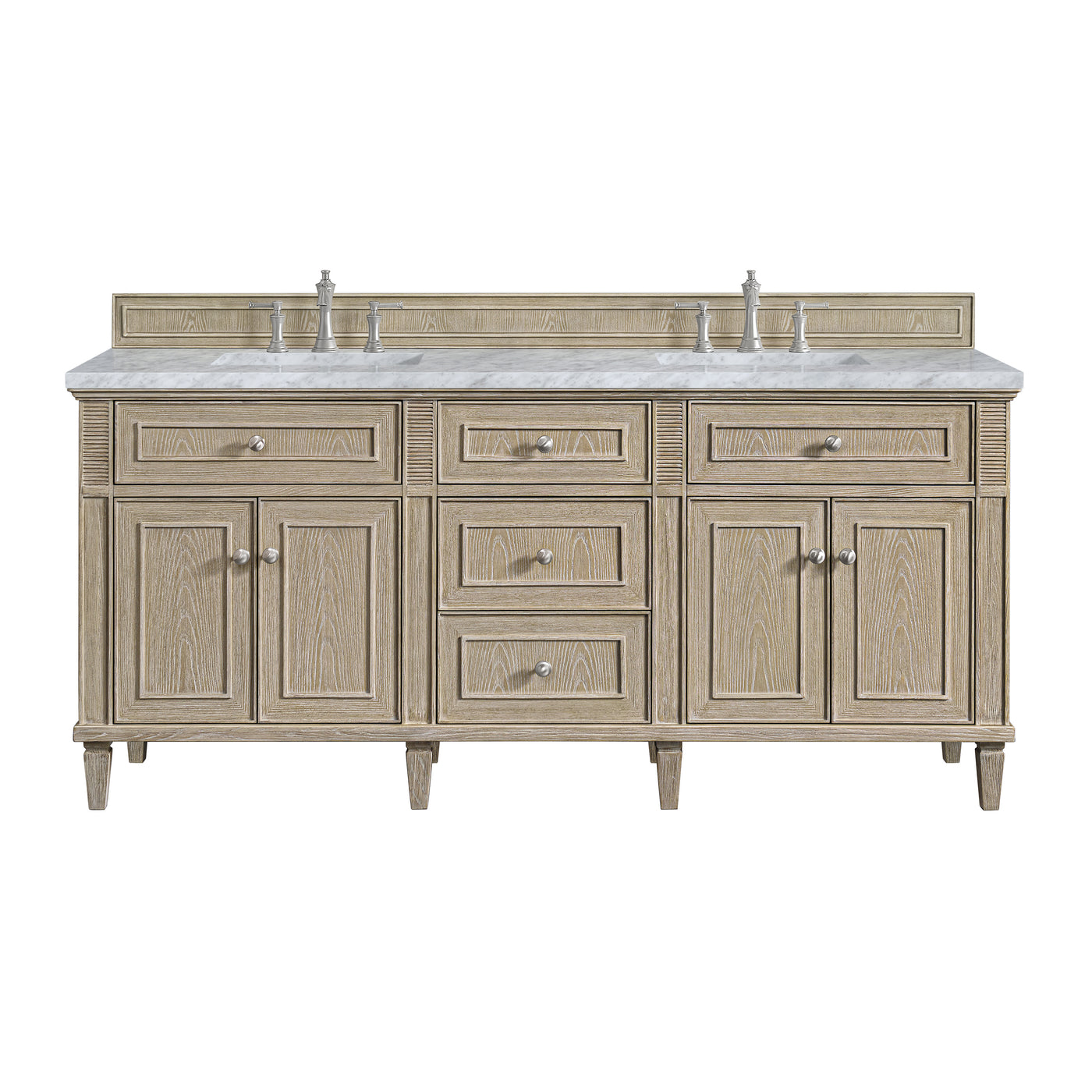James Martin Lorelai 72" Double Bathroom Vanity, Whitewashed Oak with Carrara White countertop