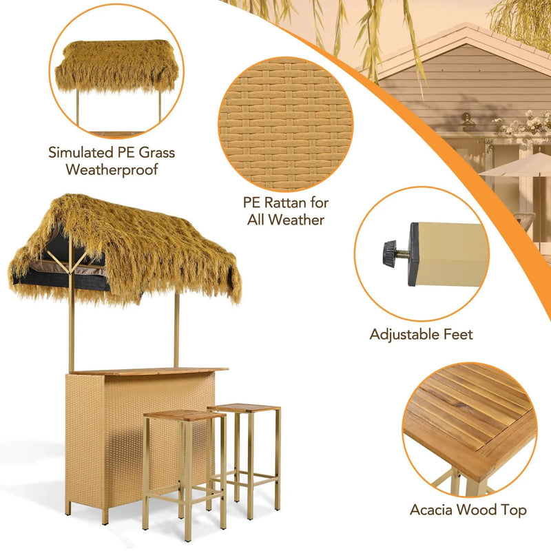 Alora 3-Piece Hawaiian Bar-Height Patio Set With Grass Canopy And Stools (SAK63047) by SAKSBY WHOLESALE