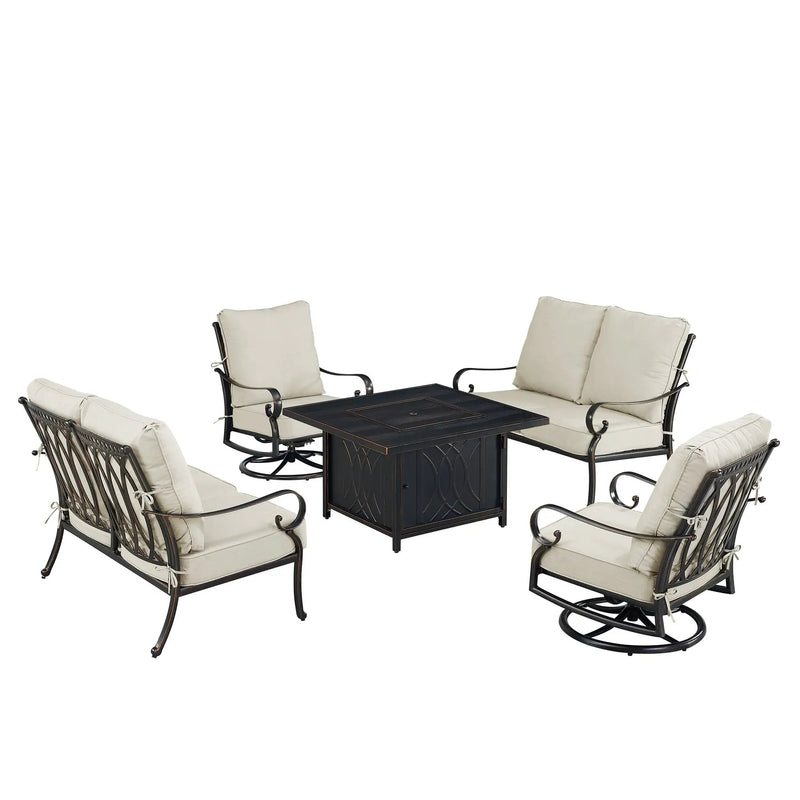 Black Aluminum Fire Table Set with Two Loveseats and Two Club Chairs by Sharicks