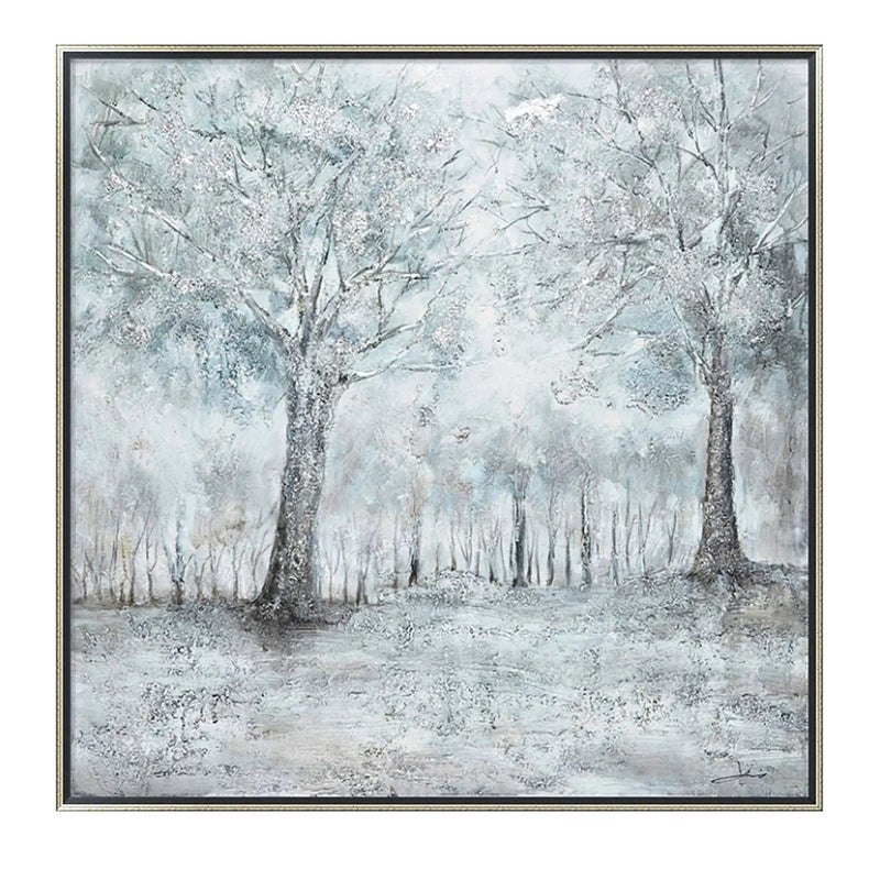 Hand Painted Acrylic Wall Art Snowy Forrest on a 39 x 39 Square Canvas with a Silver Wooden Frame by Sharicks