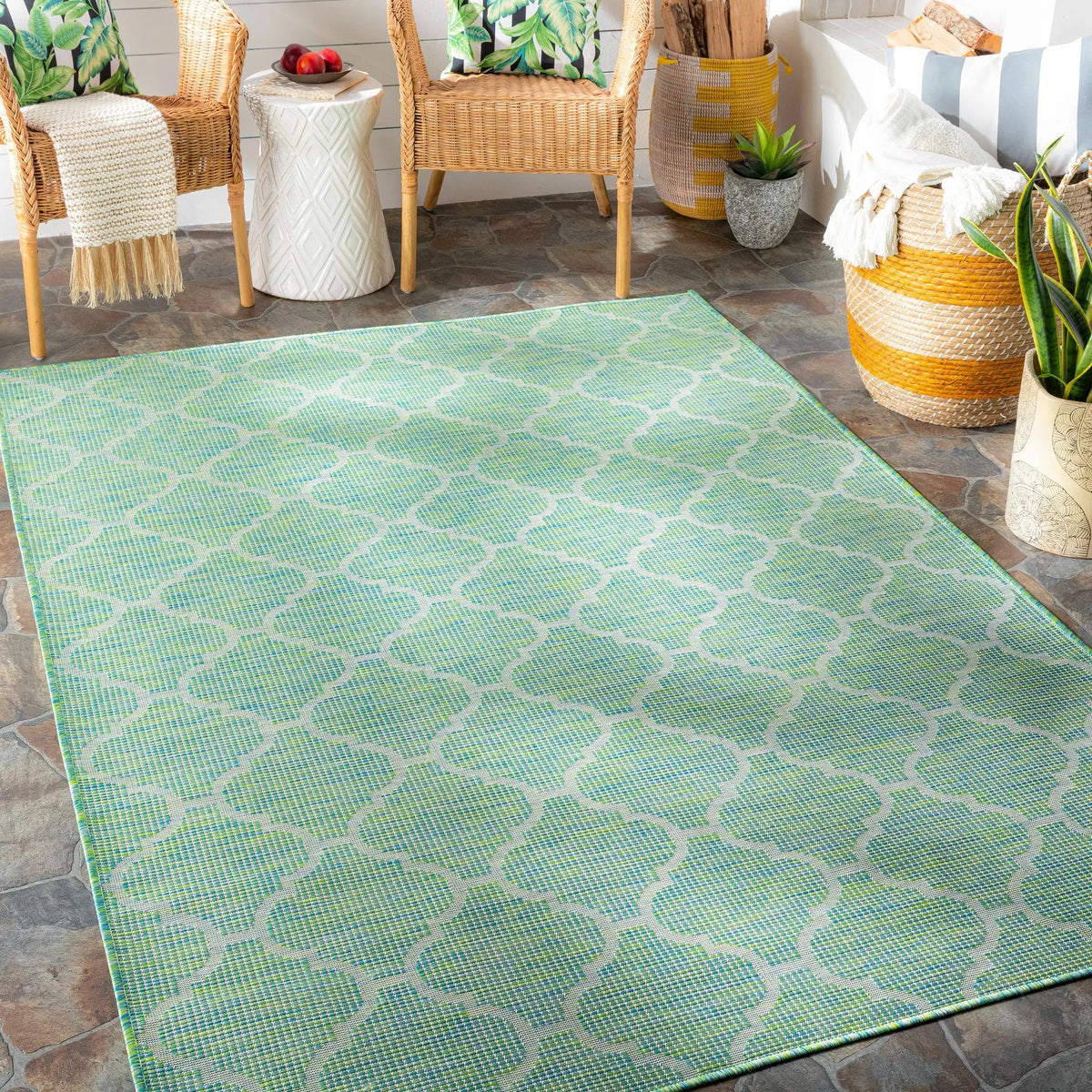 Unique Outdoor Trellis Area Rug, Lime Green - Clearance, installed in a room