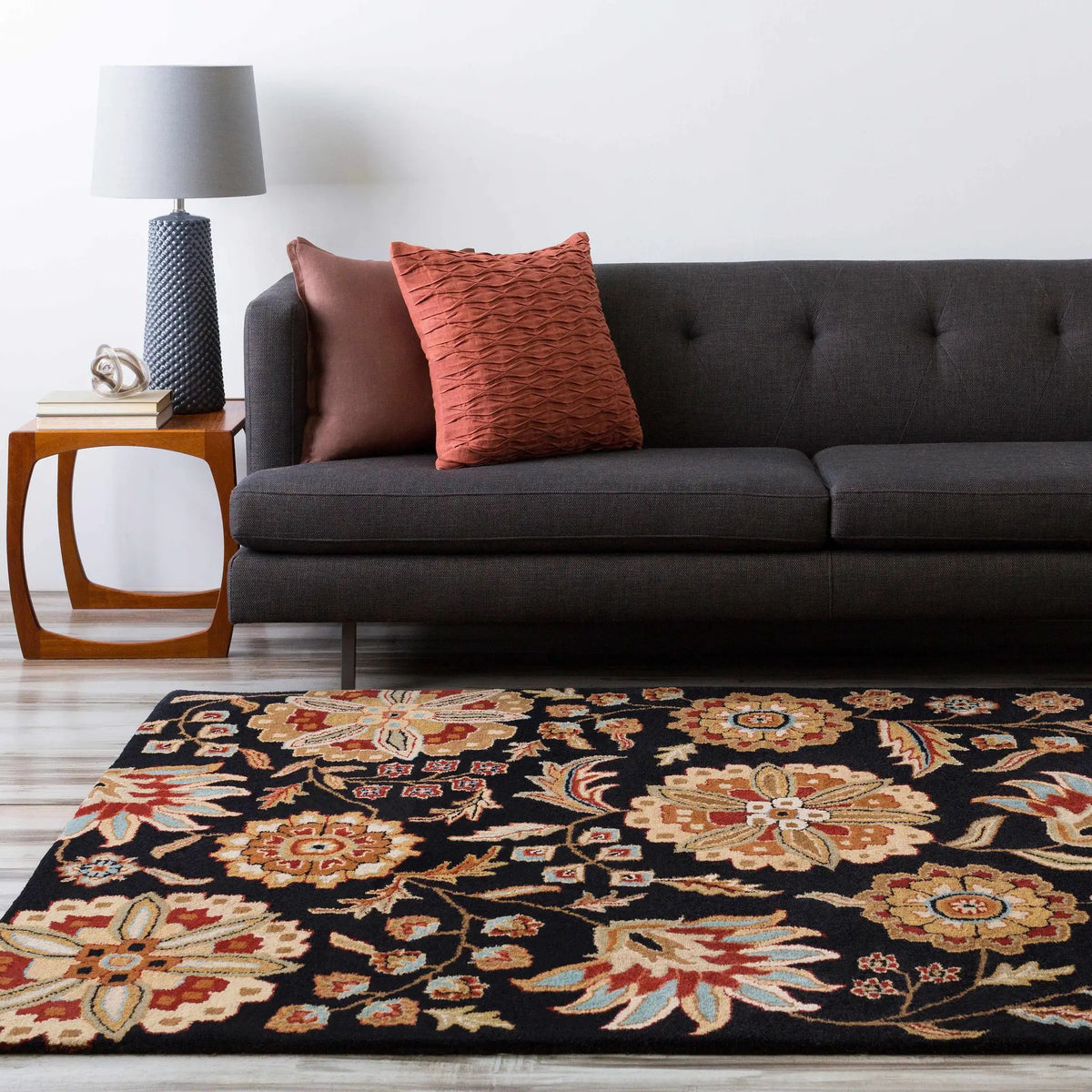 Heaters Black Floral Wool Carpet, installed in a room