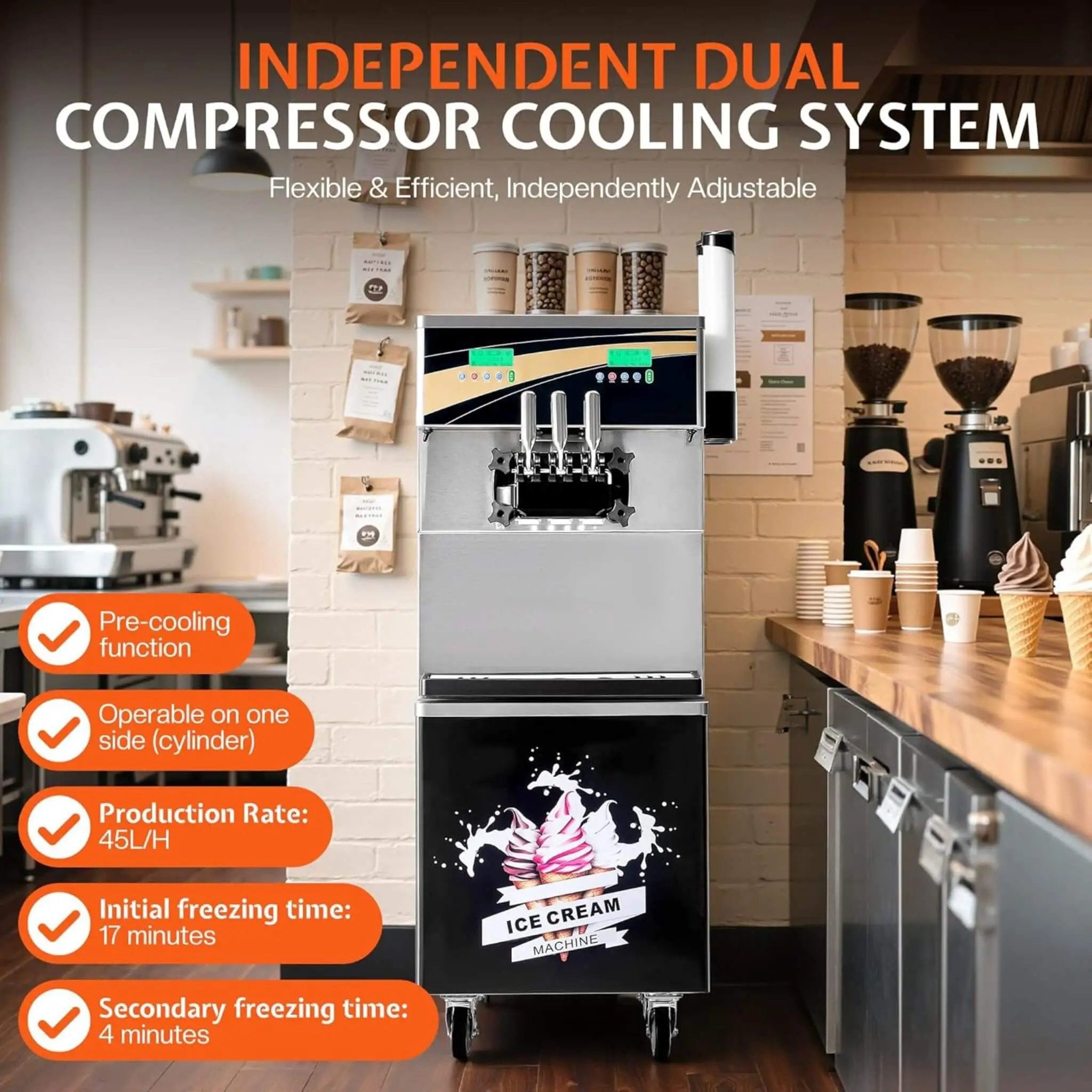 Heavy-Duty 45L/H 3-Flavor Dual Compressor Commercial Soft Serve Ice Cream Machine (SAK43195) by SAKSBY WHOLESALE