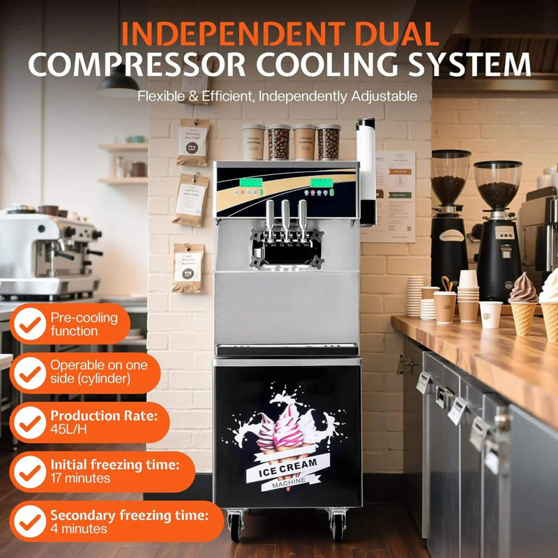 Heavy-Duty 45L/H 3-Flavor Dual Compressor Commercial Soft Serve Ice Cream Machine (SAK43195) by SAKSBY WHOLESALE