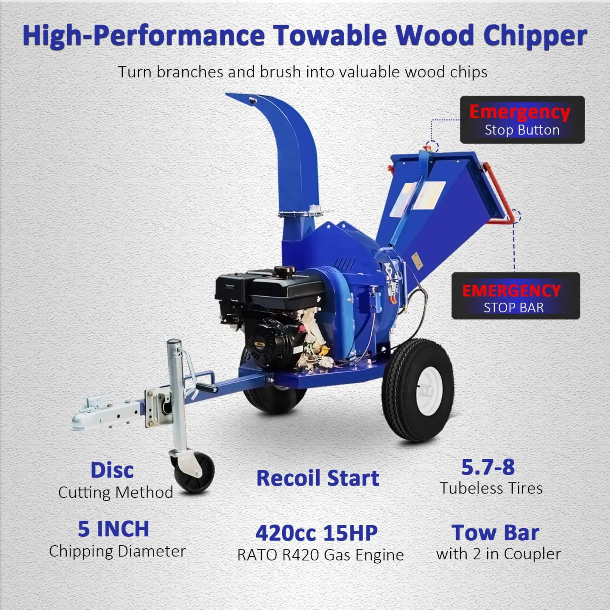 Heavy-Duty 5-Inch 15HP 420CC Gas Towable Disc Wood Chipper Shredder With Recoil Start (SAK51947) by SAKSBY WHOLESALE