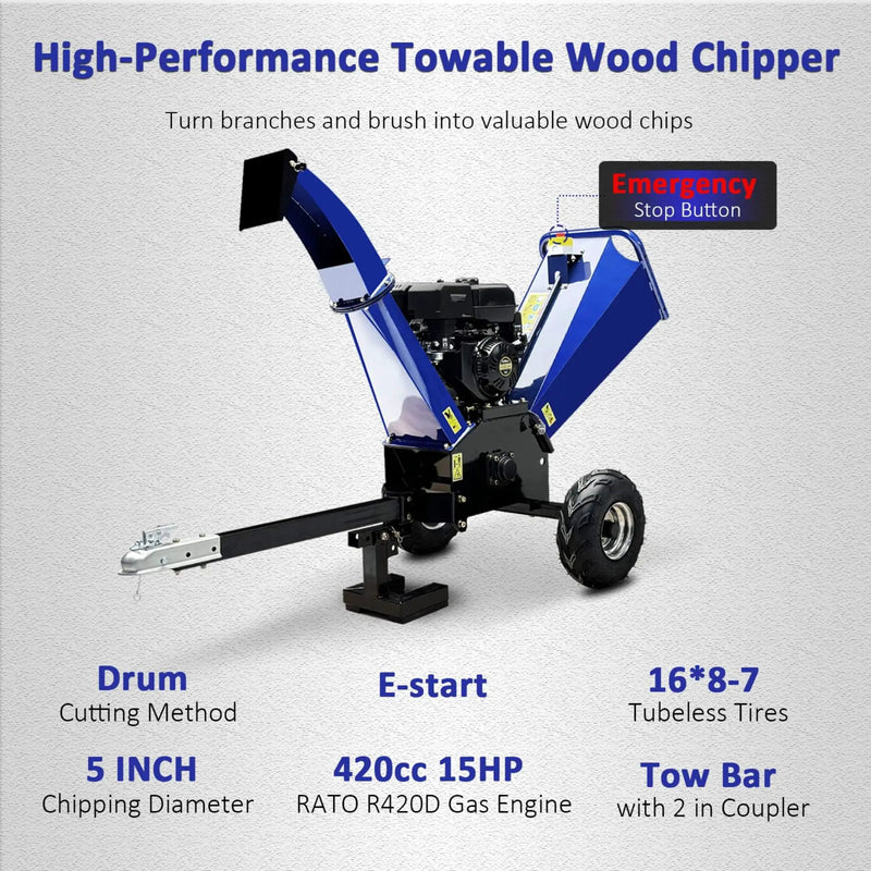 Heavy-Duty 5-Inch 15HP 420CC Gas Drum Wood Chipper Shredder With Electric Start And Tow Hitch (SAK48652) by SAKSBY WHOLESALE