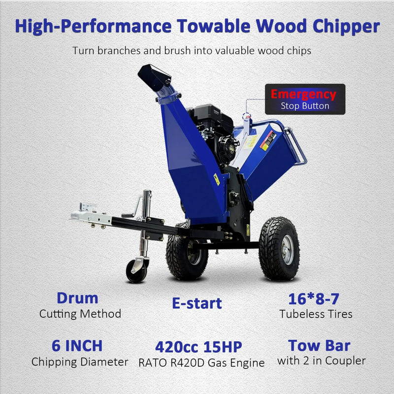 Heavy-Duty 6-Inch 15HP 420CC Towable Gas Drum Wood Chipper Shredder With Electric Start (SAK50896) by SAKSBY WHOLESALE