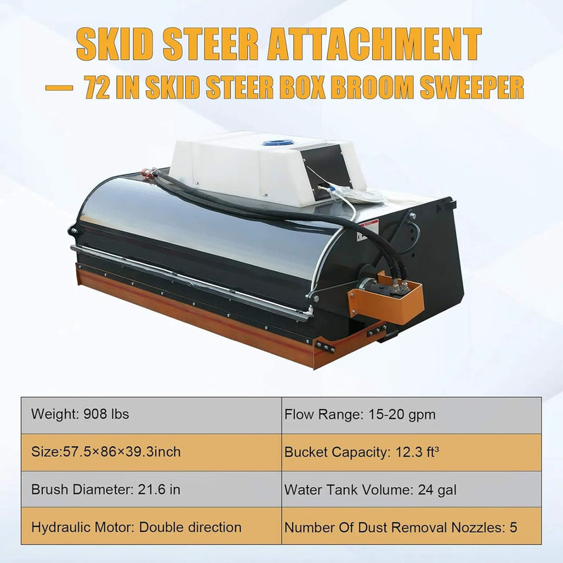 Heavy-Duty 72-Inch Hydraulic Drive Broom Sweeper Skid Steer Attachment With Water Tank (SAK80614) by SAKSBY WHOLESALE