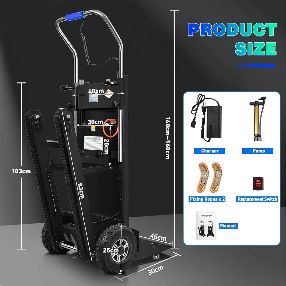 Heavy-Duty 900LBS Electric Motorized Stair Climbing Dolly (SAK75803), dimensions drawing 2
