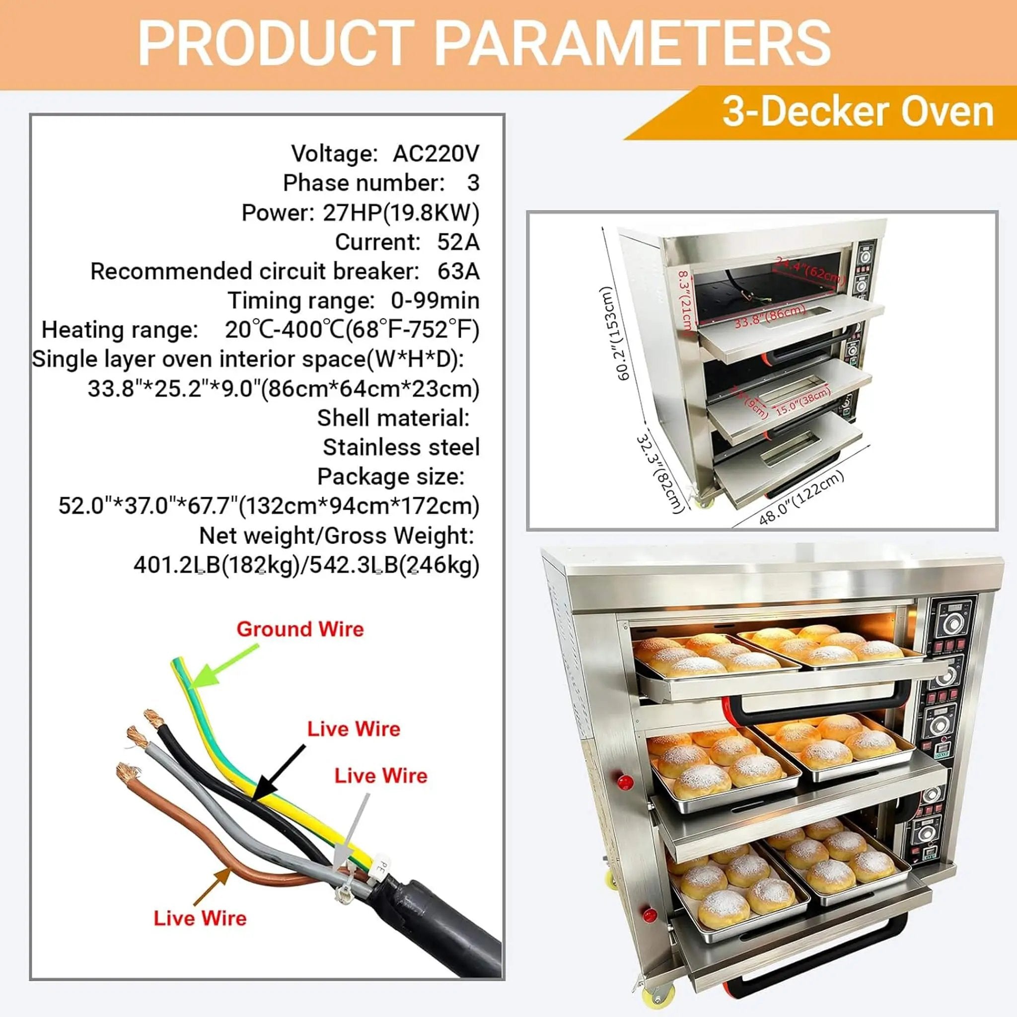 Heavy-Duty Commercial Triple Deck 220V 19.8KW Electric Pizza Oven (SAK56751) by SAKSBY WHOLESALE