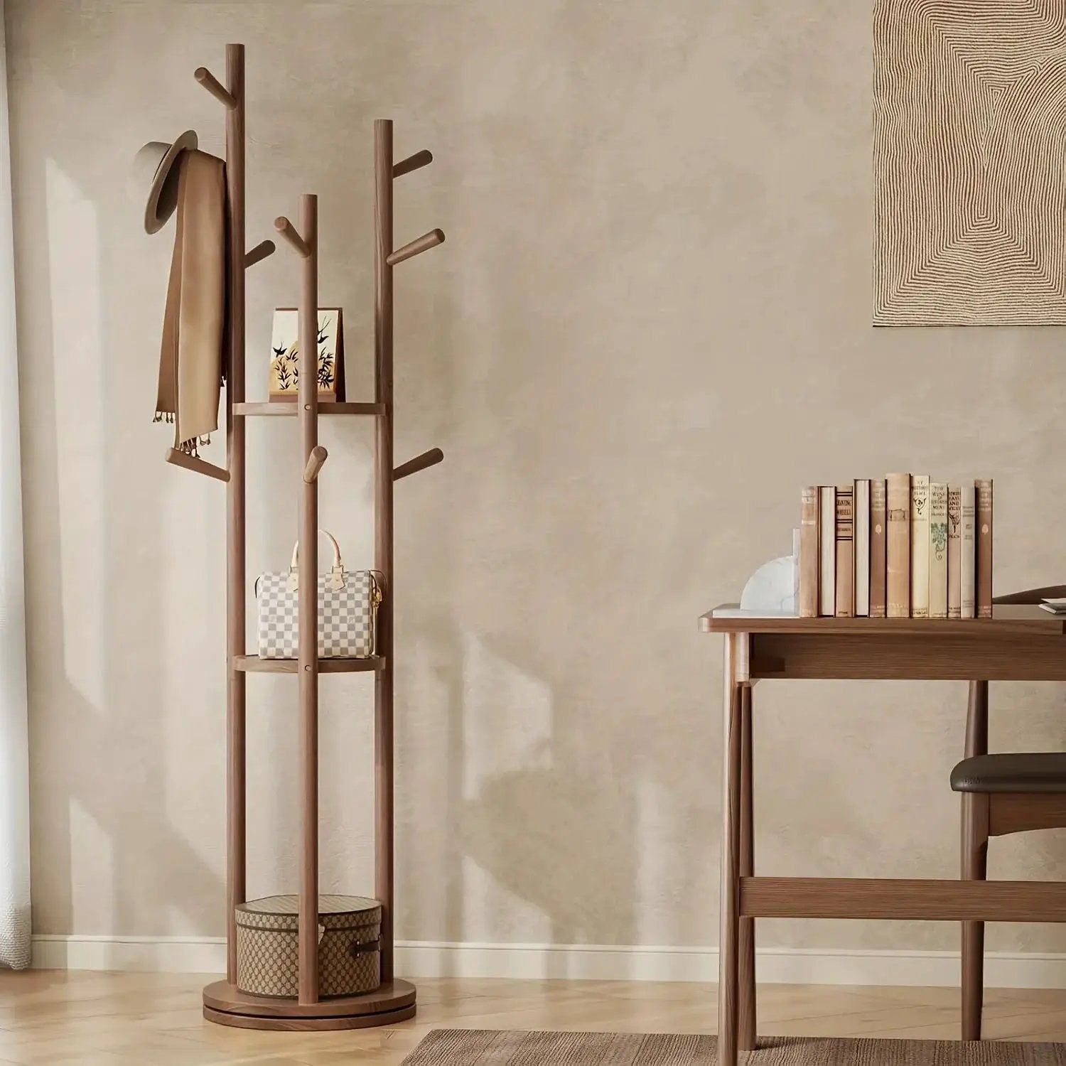 Heavy-Duty Freestanding Clothes Rack with 3-Tier Shelves & 9 Hooks - No Assembly Needed, Space-Saving Organizer Stand for Entryway, Bedroom, Office - Sturdy Hardwood Construction, Modern Minimalist Design for Coats, Hats, Bag by House Of Avana