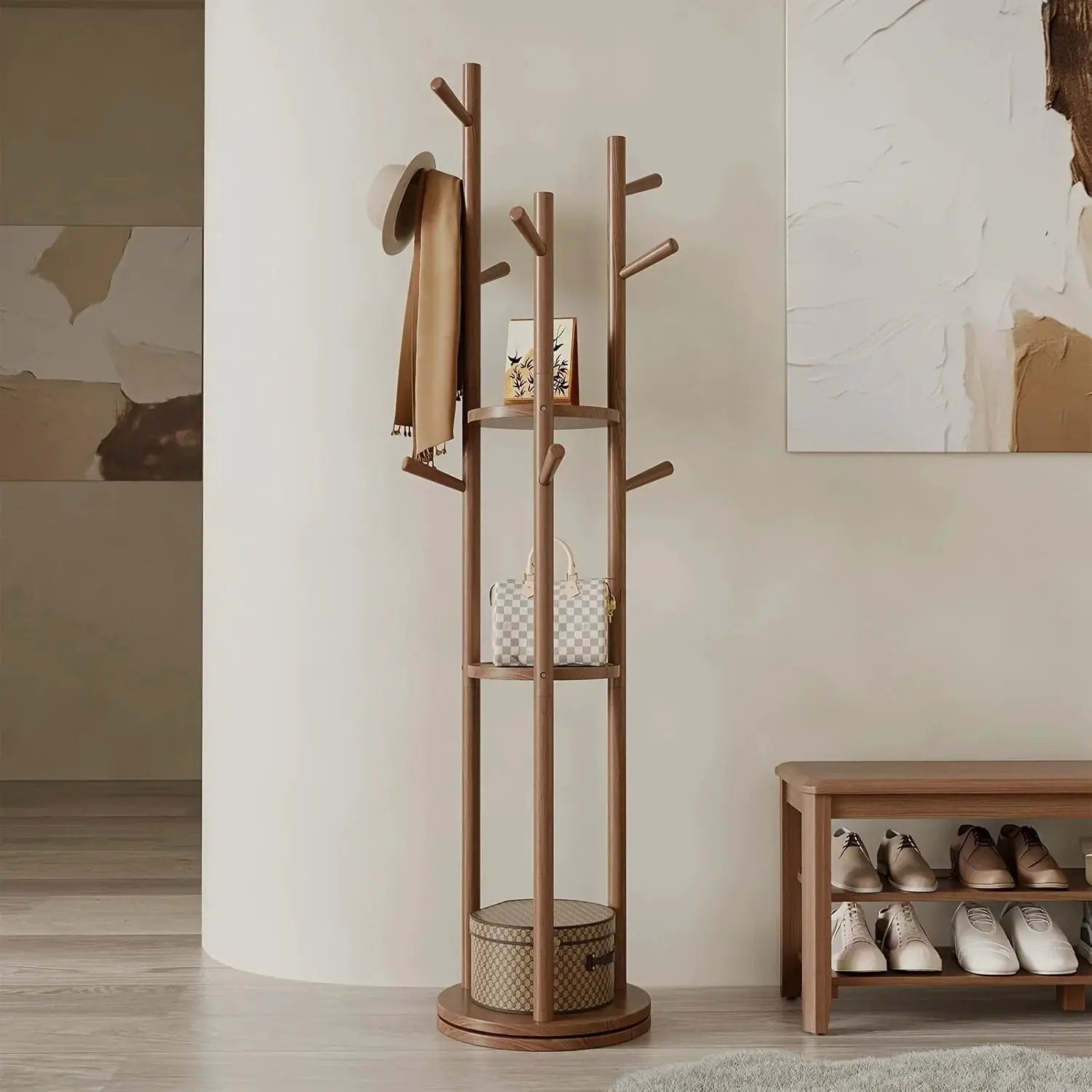 Heavy-Duty Freestanding Clothes Rack with 3-Tier Shelves & 9 Hooks - No Assembly Needed, Space-Saving Organizer Stand for Entryway, Bedroom, Office - Sturdy Hardwood Construction, Modern Minimalist Design for Coats, Hats, Bag by House Of Avana